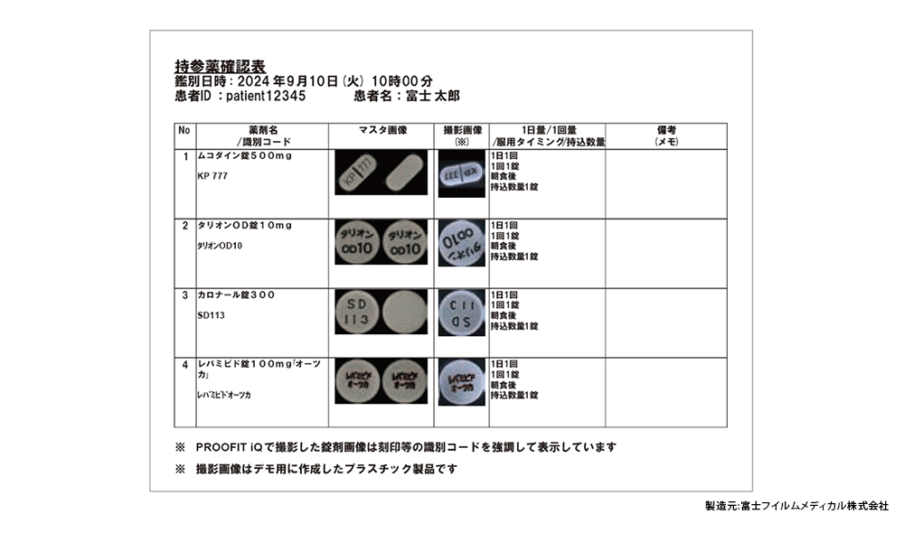 次世代型薬剤識別システム PROOFIT iQ 持参薬確認表